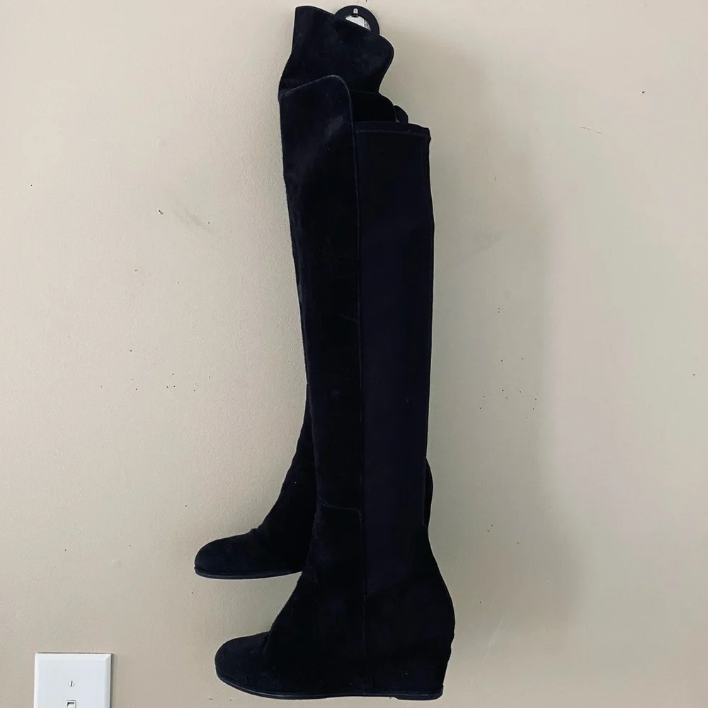 Stuart Weitzman Luxury Classic Black Suede Leather & Neoprene Stretch Calf Boots